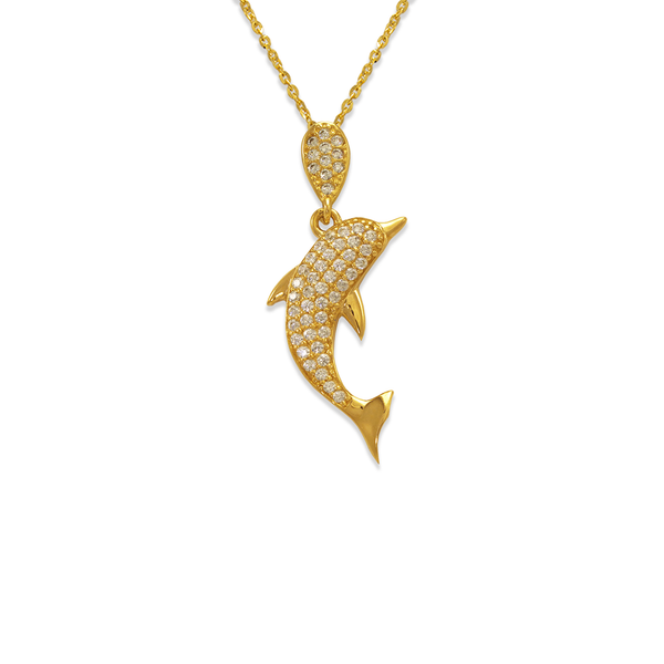 14K Yellow Gold Fancy Dolphin CZ Necklace - Grace Fine Gold