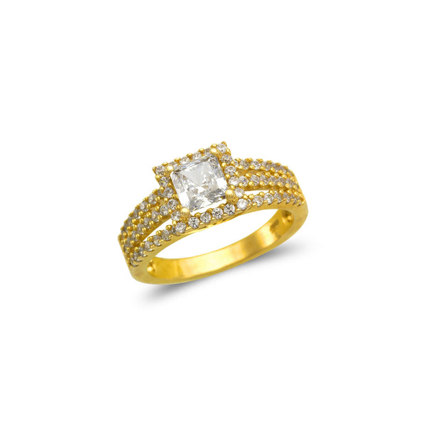 14K Yellow Gold Ladies Princess Cut Halo Solitaire CZ Ring - Grace Fine Gold