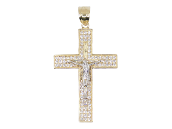 14K Gold Micro Pave CZ Two-Tone Men Crucifix Cross - Grace Fine Gold