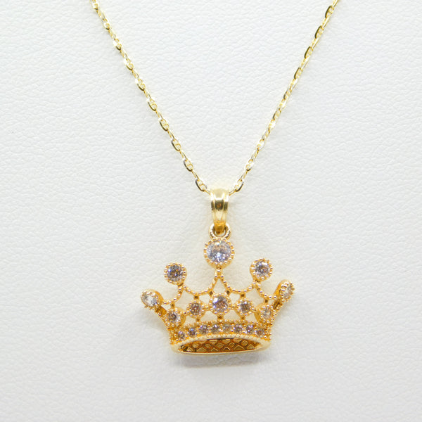 14K Yellow Gold Fancy Crown CZ Necklace - Grace Fine Gold