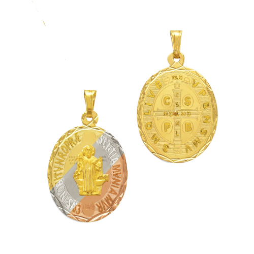 14K Tricolor Oval Laser Cut San Benito Two-Sided Scapular Pendant - Grace Fine Gold