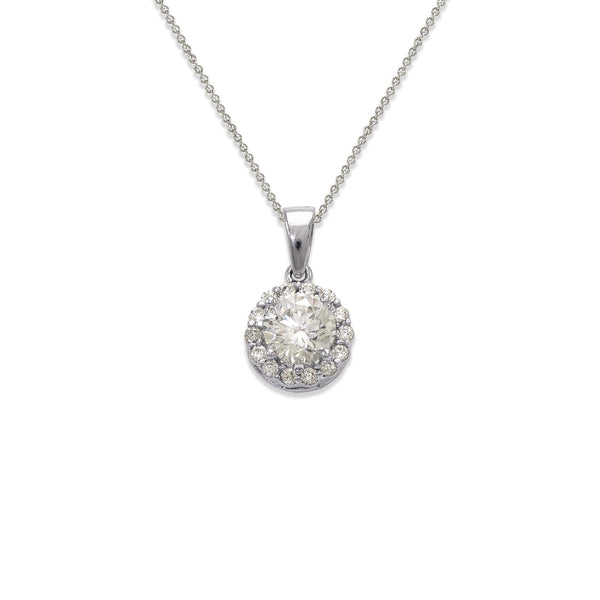 14K White Small Fancy Round Halo CZ Necklace - Grace Fine Gold