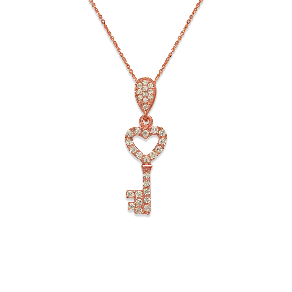 14K Rose Gold Fancy Heart Key CZ Necklace - Grace Fine Gold