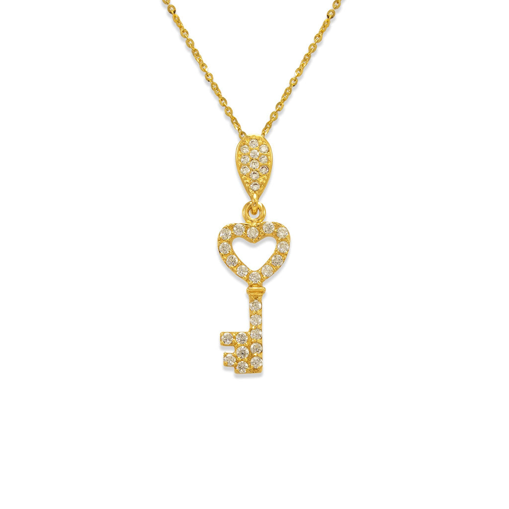 14K Yellow Gold Fancy Heart Key CZ Necklace - Grace Fine Gold