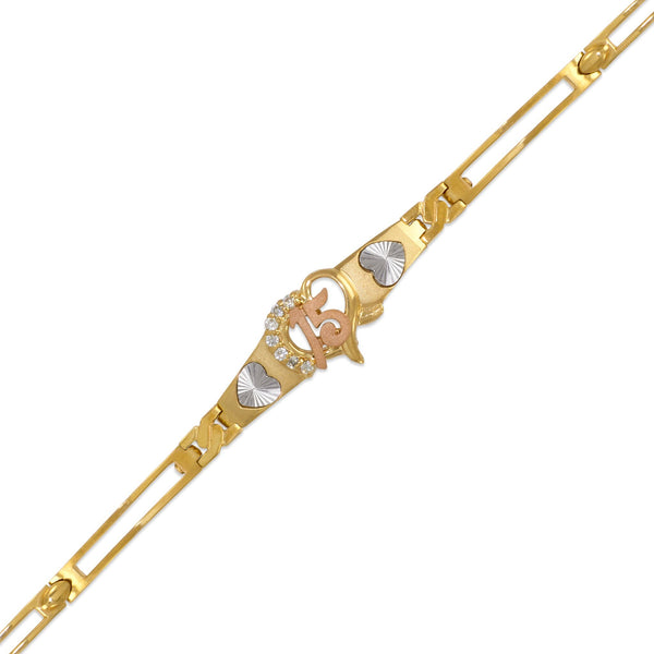 14K Gold 15 Anos Heart Tricolor CZ Bracelet - Grace Fine Gold