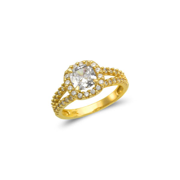 14K Yellow Gold Ladies Fancy Cushion Cut Halo Solitaire CZ Ring - Grace Fine Gold