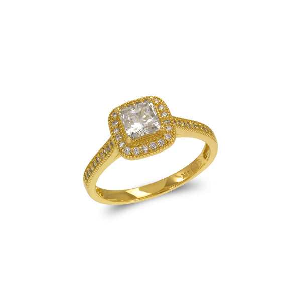 14K Yellow Gold  Ladies Princess Cut Solitaire Halo CZ Ring - Grace Fine Gold