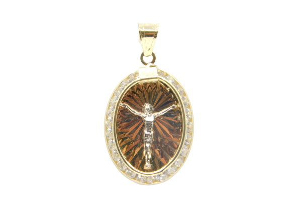 14K Tri-Color Diamond Cut With CZ Jesus Crucifix Oval Charm - Grace Fine Gold
