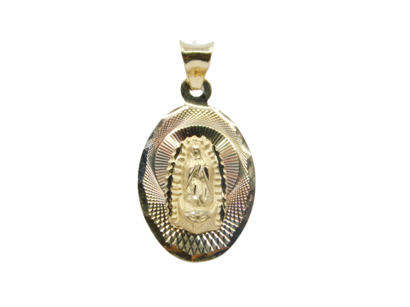 14K Tri-Color Diamond Cut Virgin Mary Guadalupe Oval Charm Pendant - Grace Fine Gold