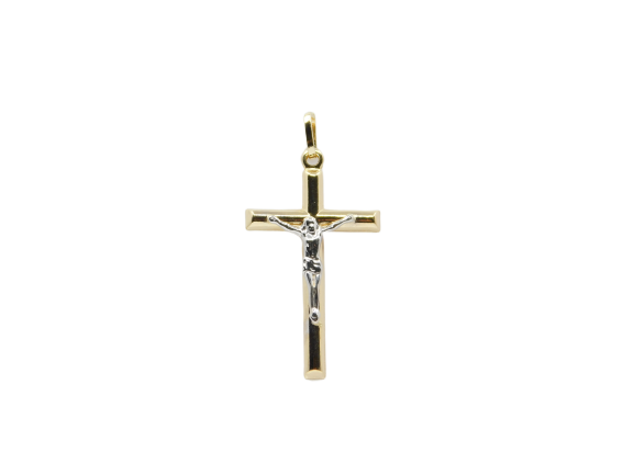 14K  Two-Tone Round Tube Jesus Cross Pendant - Grace Fine Gold