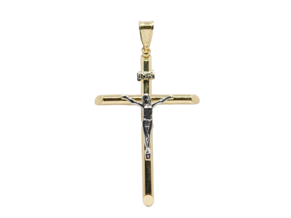 14K  Two-Tone Round Tube Jesus Cross Pendant - Grace Fine Gold