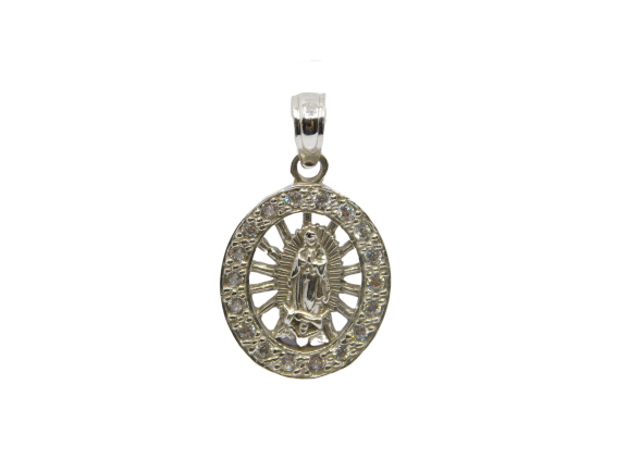14K White Gold with CZ Virgin Mary Guadalupe Oval Pendent - Grace Fine Gold