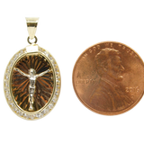 14K Tri-Color Diamond Cut With CZ Jesus Crucifix Oval Charm - Grace Fine Gold