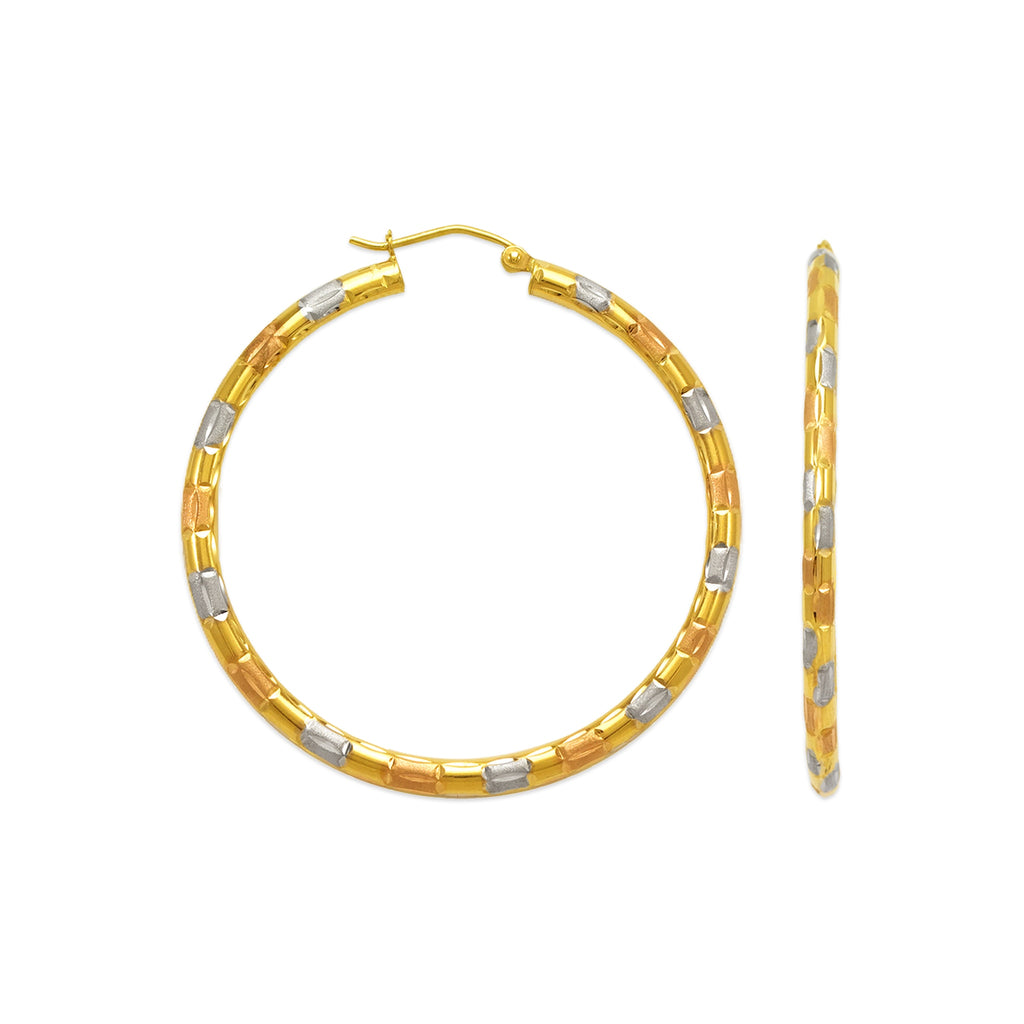 14K Gold 3mm Round Tube Tricolor Hoop Earrings - Grace Fine Gold