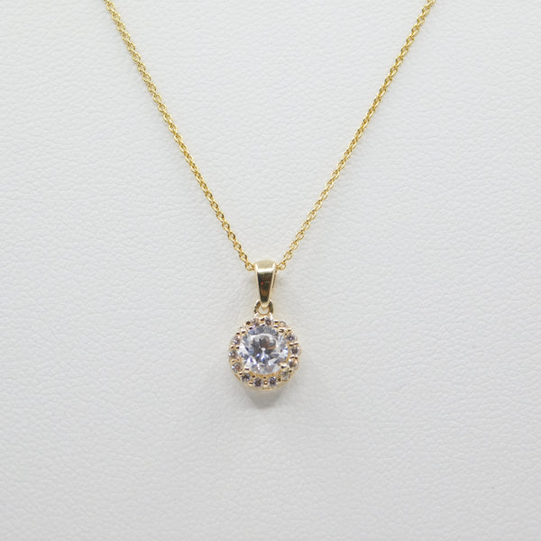 14K Yellow Small Fancy Round Halo CZ Necklace - Grace Fine Gold