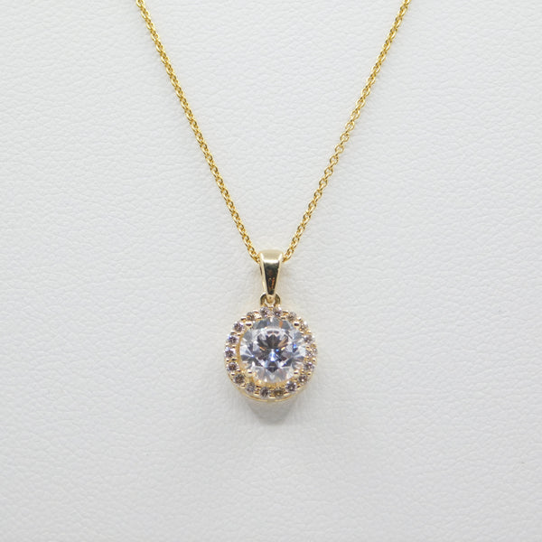 14K Yellow Gold 6mm Cubic Zirconia Halo Necklace - Grace Fine Gold