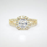 14K Yellow Gold Ladies Fancy Cushion Cut Halo Solitaire CZ Ring - Grace Fine Gold