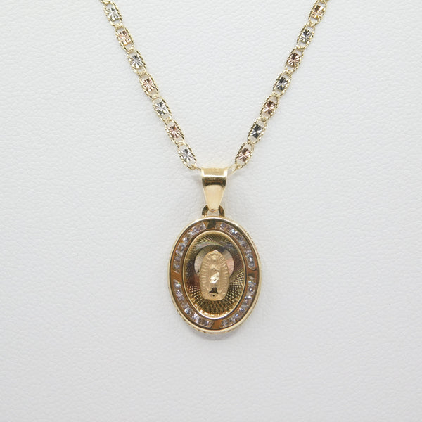 14K Tri-color D.C With CZ Virgin Mary Guadalupe Necklace - Grace Fine Gold