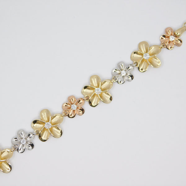 14K Tri-Color Gold Plumeria Flower C.Z Bracelet - Grace Fine Gold