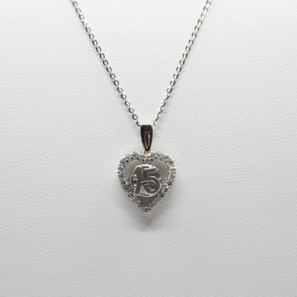 14K White Gold Fancy 15 Anos Heart C.Z Necklace - Grace Fine Gold